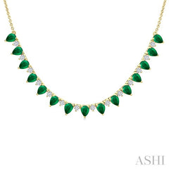 4x3 MM Pear Shape Emerald and 1/2 Ctw Round Cut Diamond Precious Tennis Necklace in 14K Yellow Gold