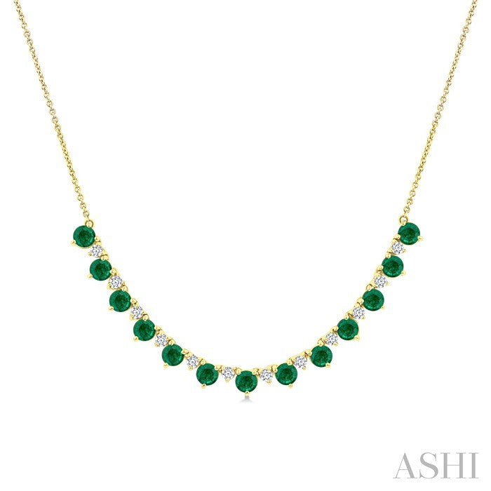 3.5 MM Round Shape Emerald and 1/2 Ctw Round Cut Diamond Precious Tennis Necklace in 14K Yellow Gold