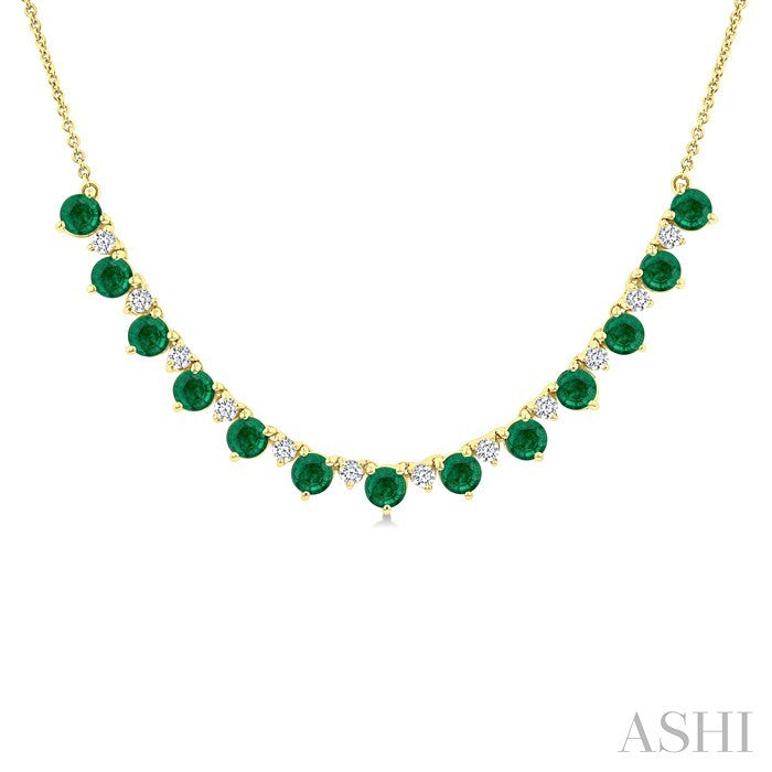 3.5 MM Round Shape Emerald and 1/2 Ctw Round Cut Diamond Precious Tennis Necklace in 14K Yellow Gold