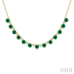 3.5 MM Round Shape Emerald and 1/2 Ctw Round Cut Diamond Precious Tennis Necklace in 14K Yellow Gold