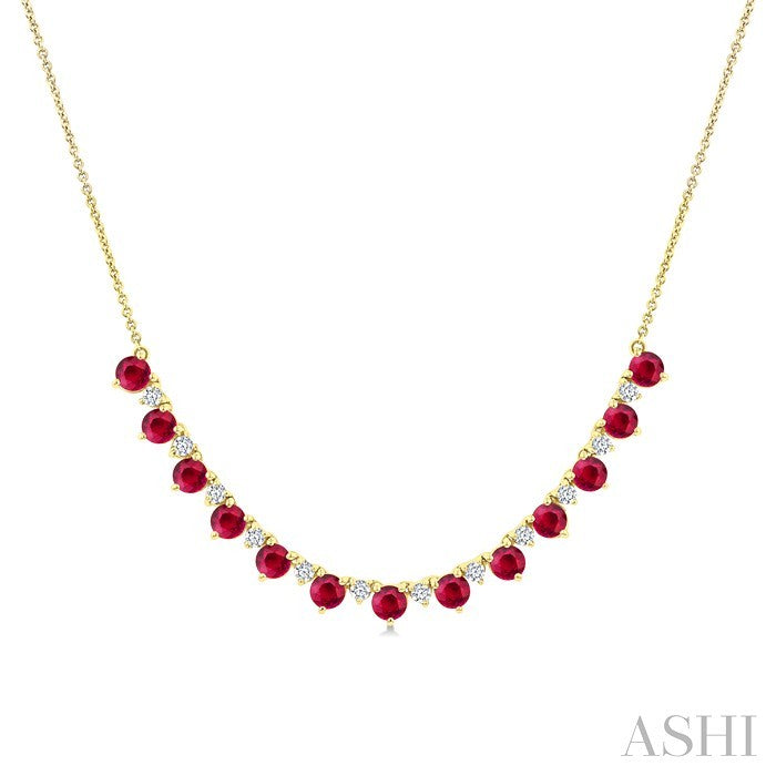 3.5 MM Round Shape Ruby and 1/2 Ctw Round Cut Diamond Precious Tennis Necklace in 14K Yellow Gold