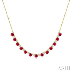 3.5 MM Round Shape Ruby and 1/2 Ctw Round Cut Diamond Precious Tennis Necklace in 14K Yellow Gold