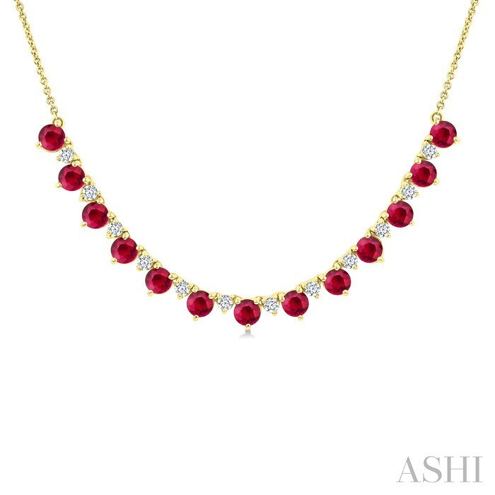 3.5 MM Round Shape Ruby and 1/2 Ctw Round Cut Diamond Precious Tennis Necklace in 14K Yellow Gold