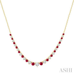 1.7 MM - 3 MM Round Shape Ruby and 3/4 Ctw Round Cut Diamond Precious Riviera Necklace in 14K Yellow Gold