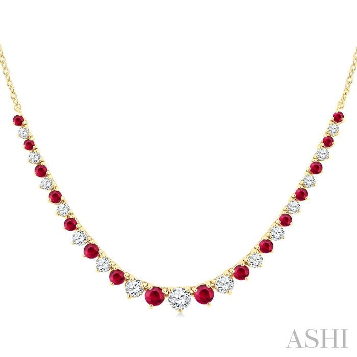 1.7 MM - 3 MM Round Shape Ruby and 3/4 Ctw Round Cut Diamond Precious Riviera Necklace in 14K Yellow Gold