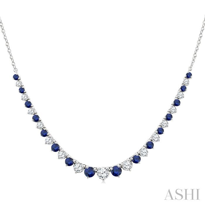1.7MM - 3 MM Round Shape Sapphire and 3/4 Ctw Round Cut Diamond Precious Riviera Necklace in 14K White Gold