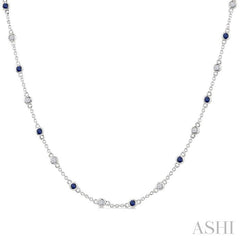 1.90MM Sapphire and 1/2 Ctw Round Cut Diamond Precious Station Necklace in 14K White Gold