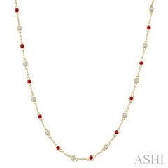 2.4 MM Round Shape Ruby and 7/8 Ctw Round Cut Diamond Precious Station Necklace in 14K Yellow Gold