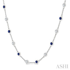2.4 MM Round Shape Sapphire and 7/8 Ctw Round Cut Diamond Precious Station Necklace in 14K White Gold