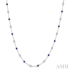 2.4 MM Round Shape Sapphire and 7/8 Ctw Round Cut Diamond Precious Station Necklace in 14K White Gold