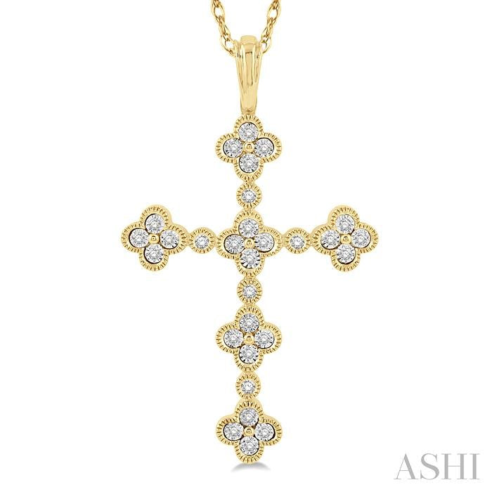 1/8 Ctw Floral Cross Round Cut Diamond Pendant With Link Chain in 10K Yellow Gold