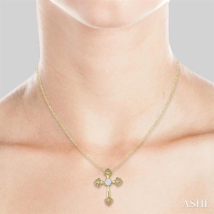 1/8 Ctw Tree Shape Cross Charm Round Cut Diamond Pendant With Chain in 14K Yellow and White Gold
