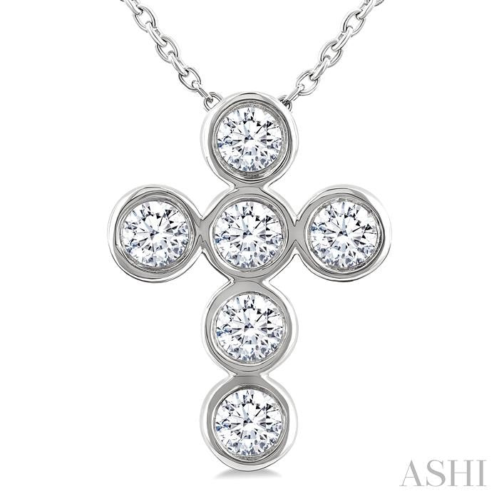 1/2 Ctw Round Cut Diamond 6-Stone Bezel Set Cross Pendant With Chain in 14K White Gold