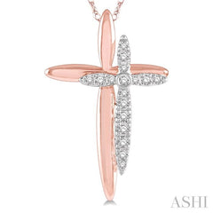 1/10 Ctw Shadow Cross Charm Round Cut Diamond Pendant With Chain in 10K Rose and White Gold