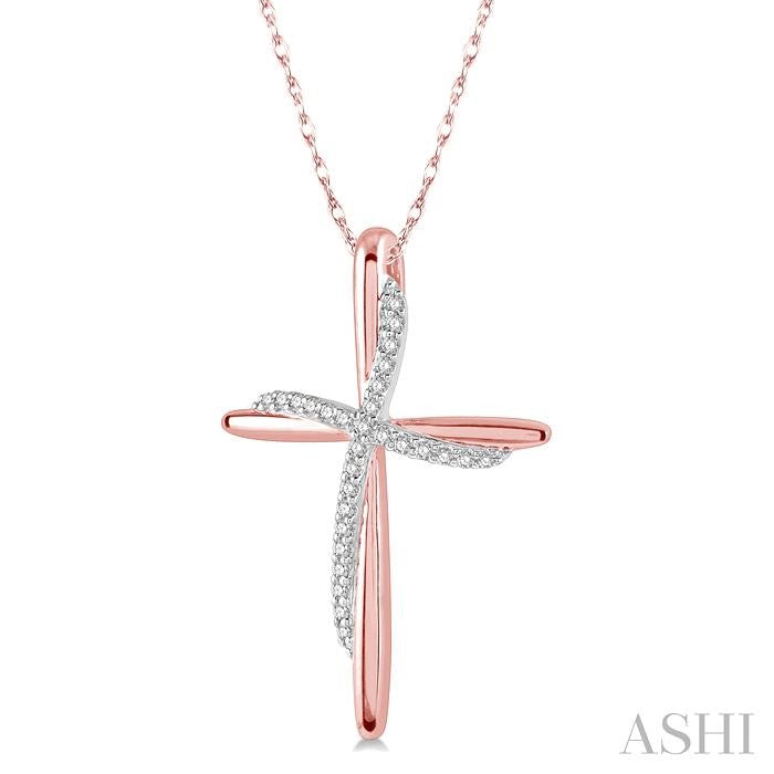 1/10 Ctw Round Cut Diamond Draped Cross Charm Pendant With Chain in 10K Rose Gold