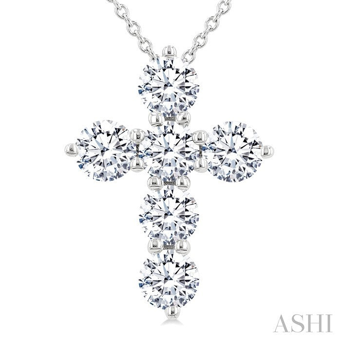 1 1/2 Ctw Round Cut Diamond Christian Cross 6-Stone Fashion Pendant With Chain in 14K White Gold