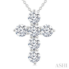 1 1/2 Ctw Round Cut Diamond Christian Cross 6-Stone Fashion Pendant With Chain in 14K White Gold