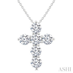 2 Ctw Round Cut Diamond Christian Cross 6-Stone Fashion Pendant With Chain in 14K White Gold