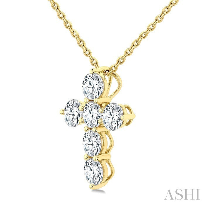 1 Ctw Round Cut Diamond Christian Cross 6-Stone Fashion Pendant With Chain in 14K Yellow Gold