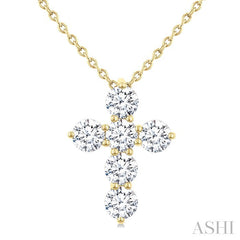 1 Ctw Round Cut Diamond Christian Cross 6-Stone Fashion Pendant With Chain in 14K Yellow Gold