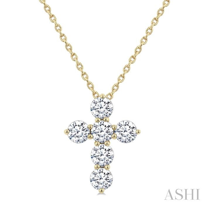 3/4 Ctw Round Cut Diamond Christian Cross 6-Stone Fashion Pendant With Chain in 14K Yellow Gold