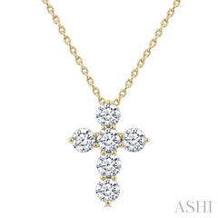 3/4 Ctw Round Cut Diamond Christian Cross 6-Stone Fashion Pendant With Chain in 14K Yellow Gold