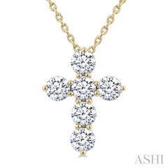 3/4 Ctw Round Cut Diamond Christian Cross 6-Stone Fashion Pendant With Chain in 14K Yellow Gold