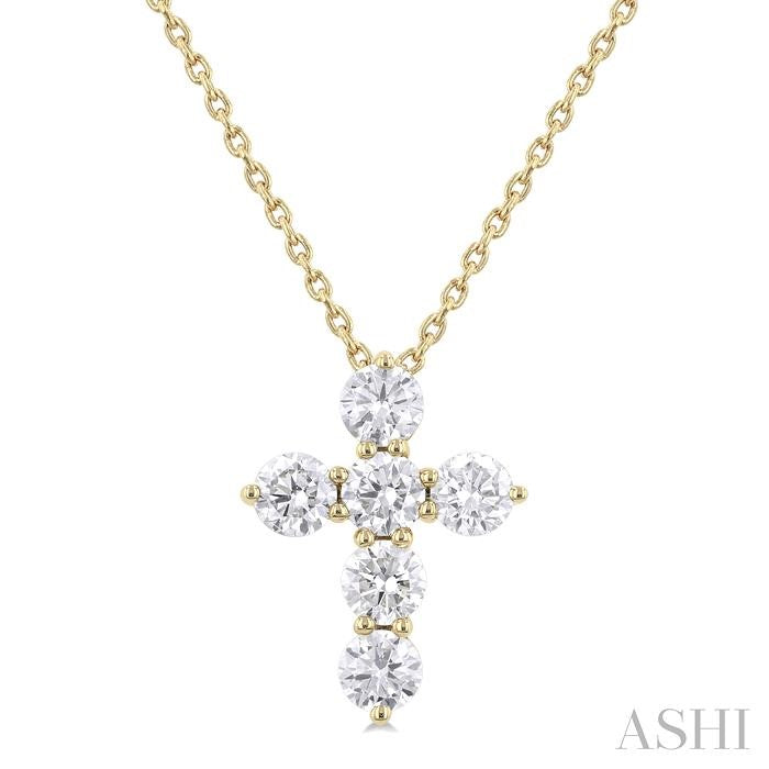 3/4 Ctw Round Cut Diamond Christian Cross 6-Stone Fashion Pendant With Chain in 14K Yellow Gold