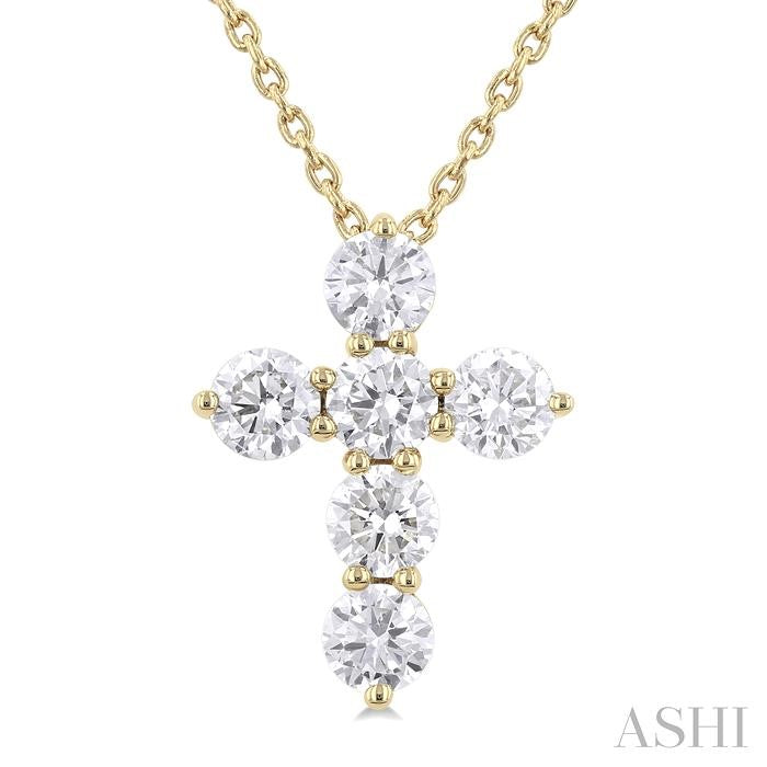 3/4 Ctw Round Cut Diamond Christian Cross 6-Stone Fashion Pendant With Chain in 14K Yellow Gold
