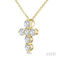 1/2 Ctw Round Cut Diamond Christian Cross 6-Stone Fashion Pendant With Chain in 14K Yellow Gold
