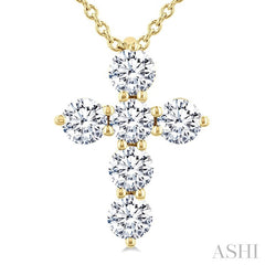 1/2 Ctw Round Cut Diamond Christian Cross 6-Stone Fashion Pendant With Chain in 14K Yellow Gold