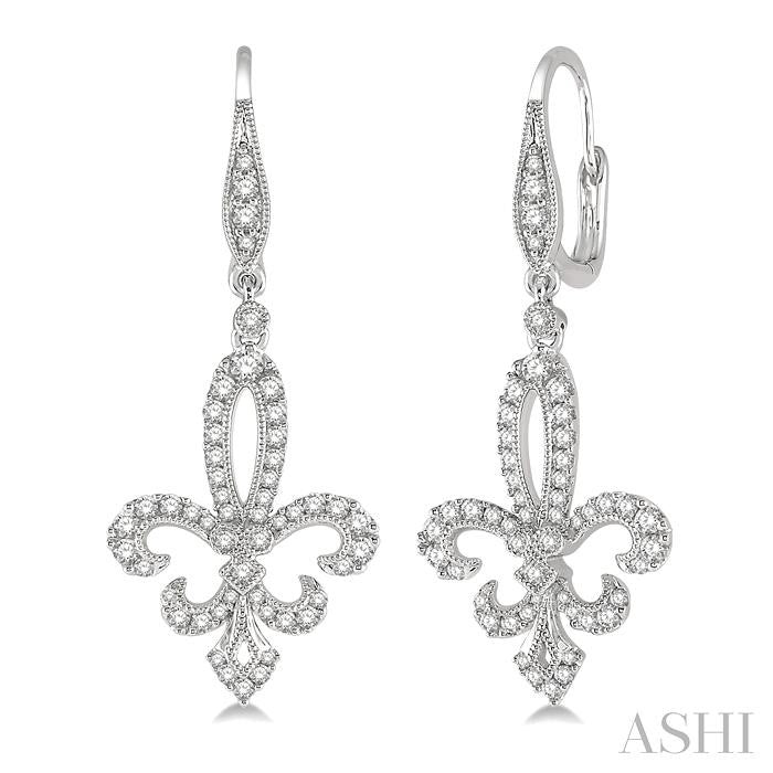 3/4 Ctw Fleur De Lis Round Cut Diamond Hanging Earrings in 14K White Gold
