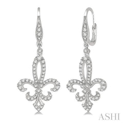 3/4 Ctw Fleur De Lis Round Cut Diamond Hanging Earrings in 14K White Gold