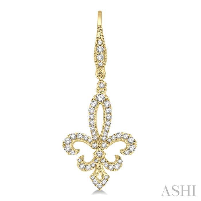 3/4 Ctw Fleur De Lis Round Cut Diamond Hanging Earrings in 14K Yellow Gold