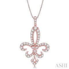 3/4 Ctw Round Cut Diamond Fleur De Lis Pendant in 14K Rose Gold with Chain