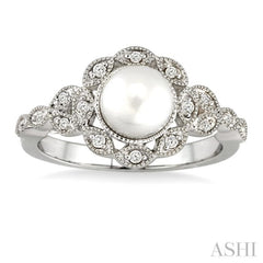 6.5 MM Cultured Pearl and 1/8 Ctw Round Cut Diamond Ring in 14K White Gold