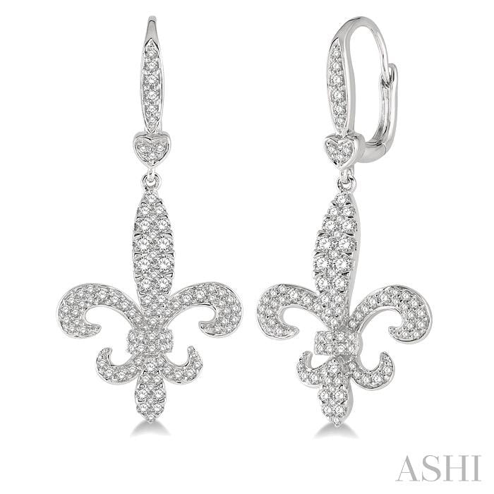 1 1/6 Ctw Fleur De Lis Motif Round Cut Diamond Earring in 14K White Gold