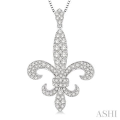 7/8 Ctw Round Cut Diamond Fleur De Lis Pendant in 14K White Gold with Chain
