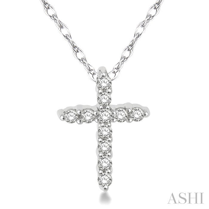 1/20 Ctw Round Cut Diamond Cross Petite Pendant in 14K White Gold with Chain