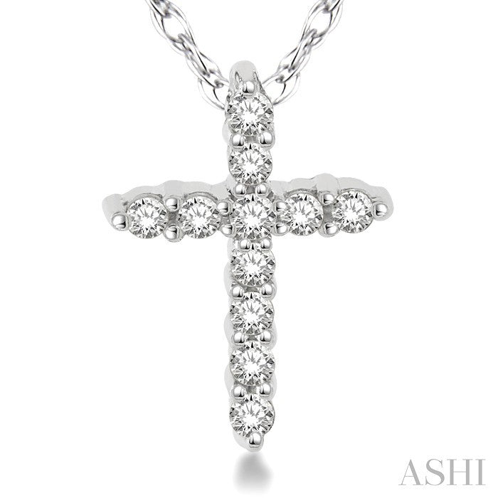 1/20 Ctw Round Cut Diamond Cross Petite Pendant in 14K White Gold with Chain