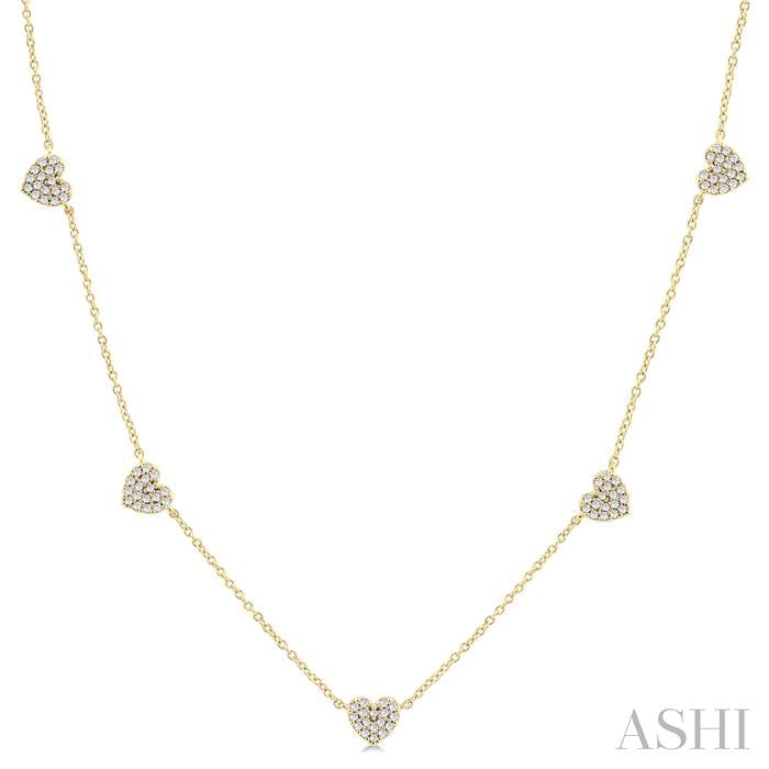 1/4 Ctw Heart Motif Round Cut Diamond Station Necklace in 14K Yellow Gold