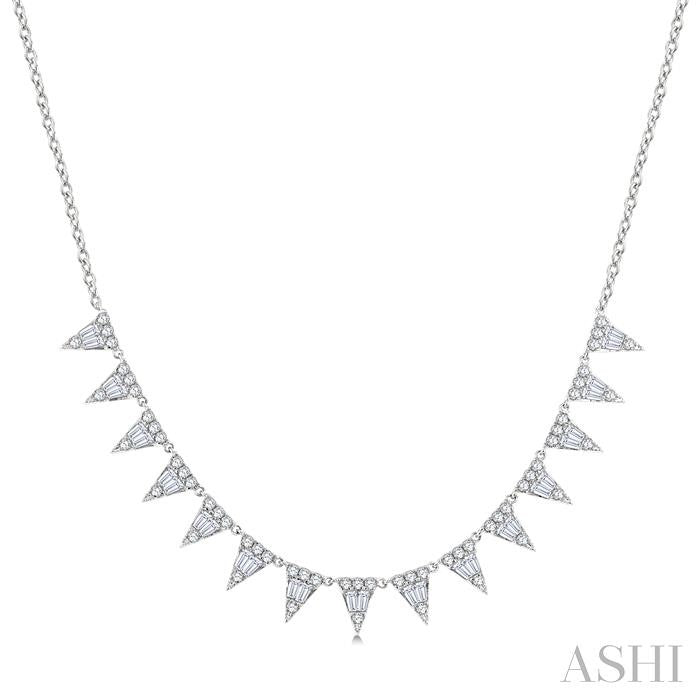1 1/2 Ctw Inverted Triangle Motif Baguette and Round Cut Diamond Necklace in 14K White Gold