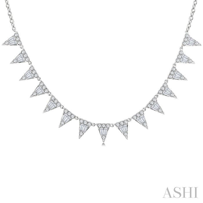 1 1/2 Ctw Inverted Triangle Motif Baguette and Round Cut Diamond Necklace in 14K White Gold