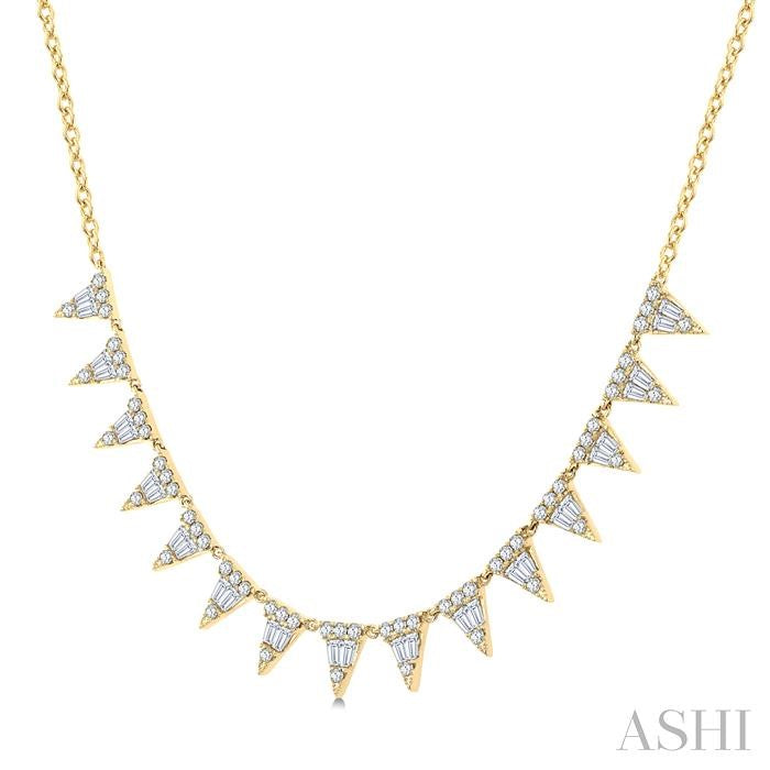 1 1/2 Ctw Inverted Triangle Motif Baguette and Round Cut Diamond  Necklace in 14K Yellow Gold 