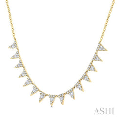 1 1/2 Ctw Inverted Triangle Motif Baguette and Round Cut Diamond  Necklace in 14K Yellow Gold 