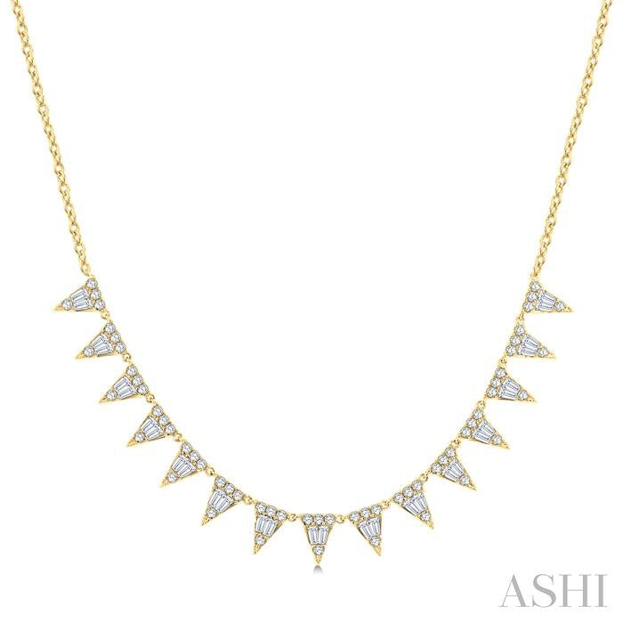 1 1/2 Ctw Inverted Triangle Motif Baguette and Round Cut Diamond  Necklace in 14K Yellow Gold 