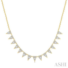 1 1/2 Ctw Inverted Triangle Motif Baguette and Round Cut Diamond  Necklace in 14K Yellow Gold 