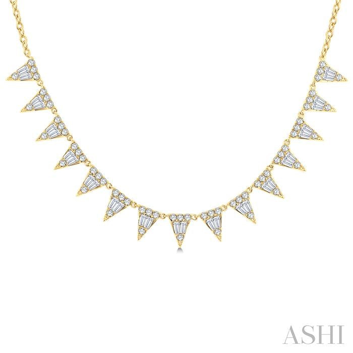 1 1/2 Ctw Inverted Triangle Motif Baguette and Round Cut Diamond  Necklace in 14K Yellow Gold 