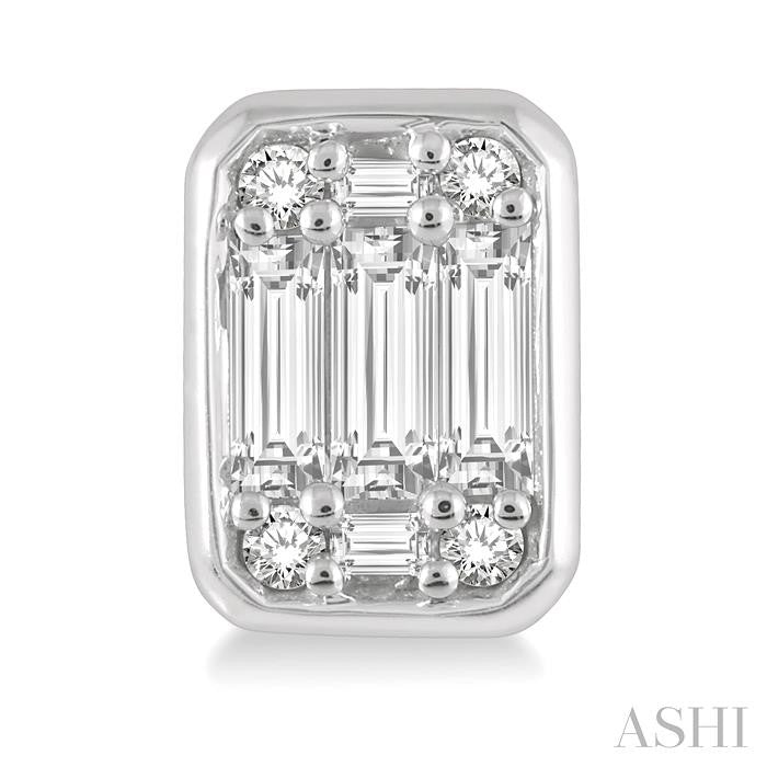 1/2 Ctw Octagonal Shape Baguette and Round Cut Diamond Bezel Stud Earrings in 14K White Gold
