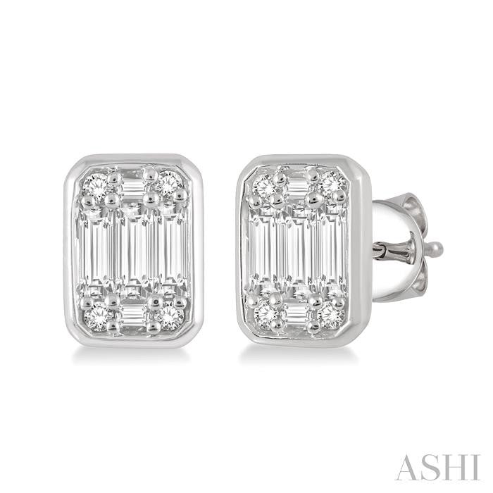 1/5 Ctw Octagonal Shape Baguette and Round Cut Diamond Bezel Stud Earrings in 14K White Gold